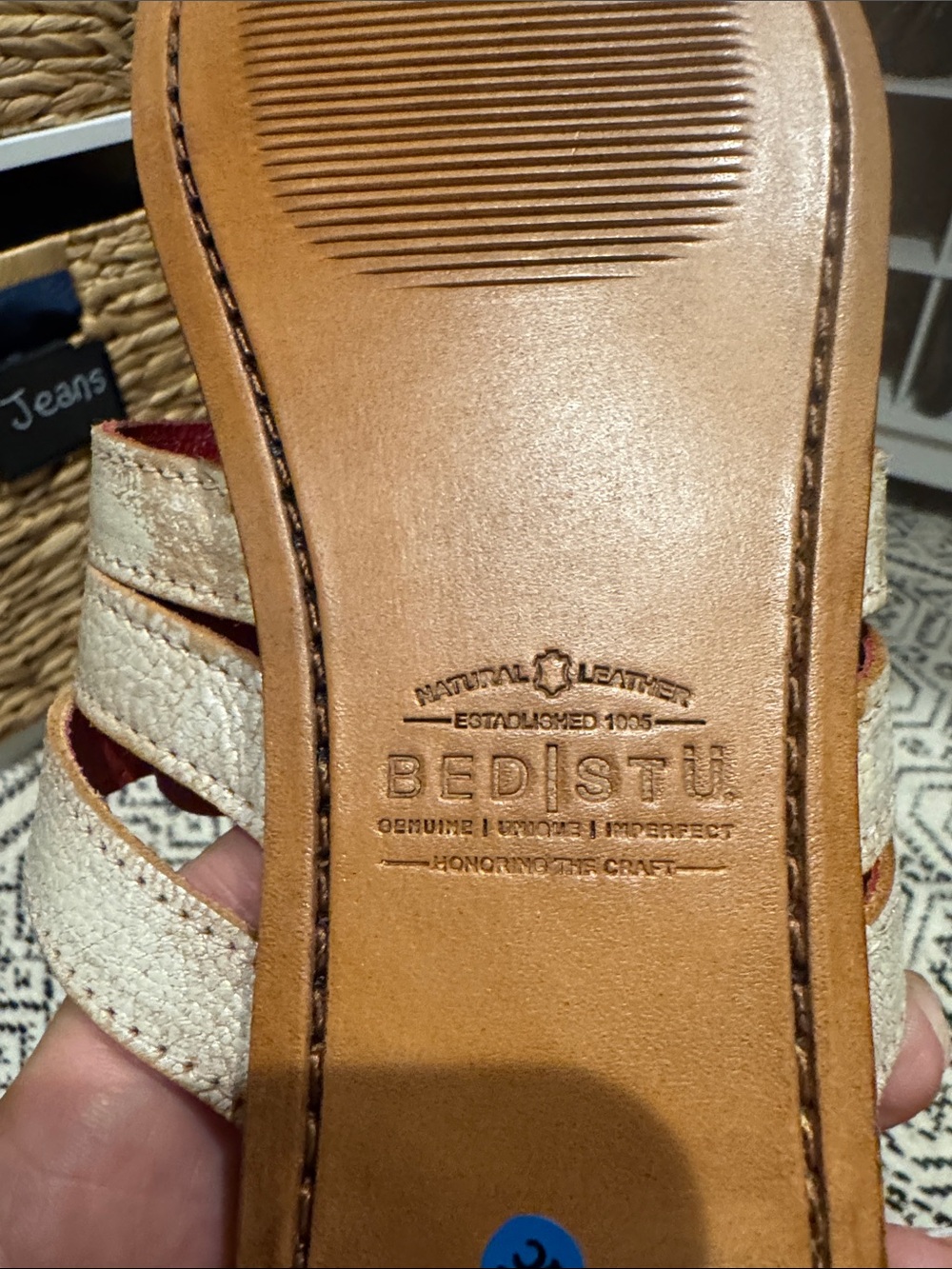 BED|STU Yoli Brown Leather Slide Sandals with Cream Straps . - Picture 3 of 4